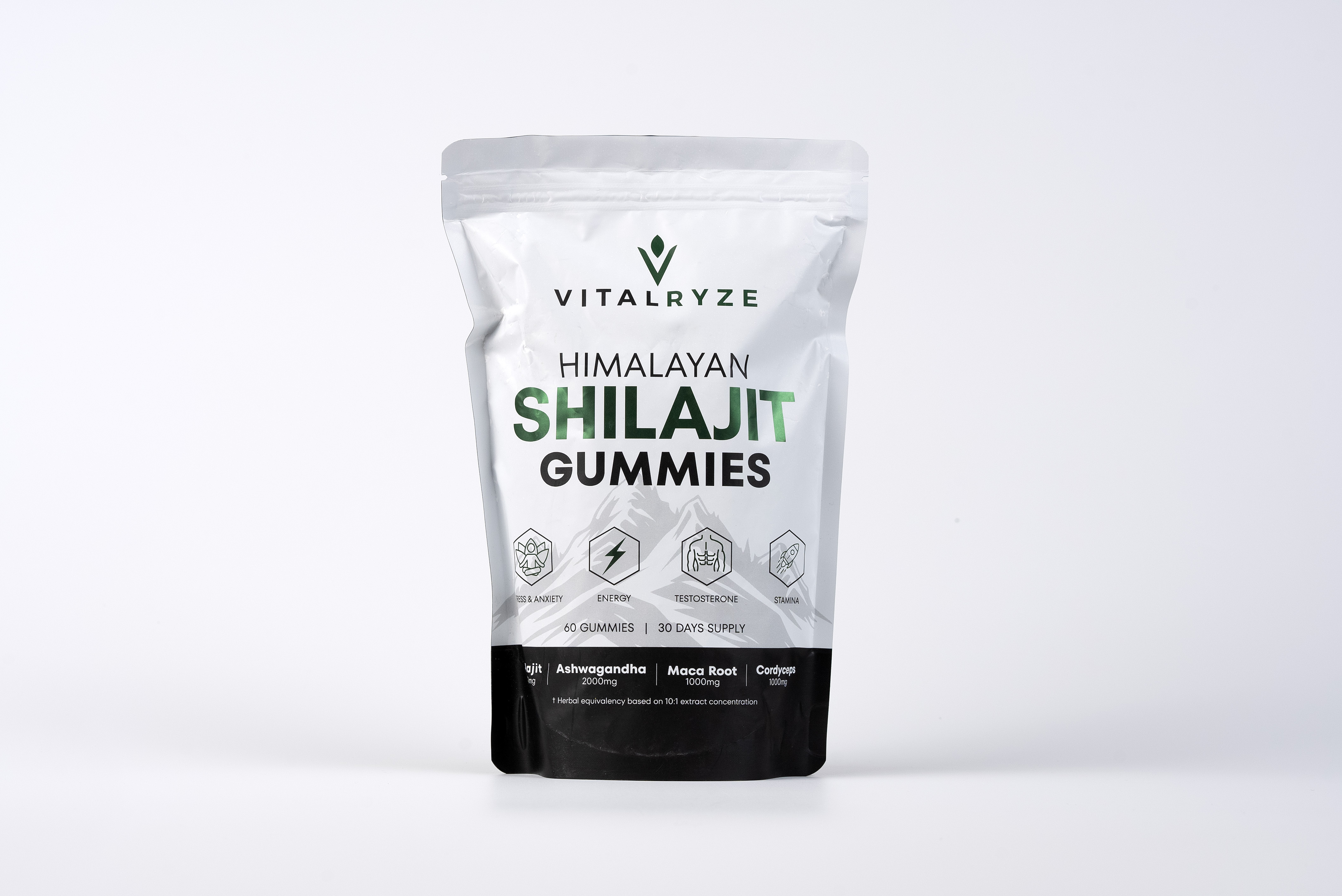Vitalryze Himalayan Shilajit Gummies pouch &mdash; 4-in-1 adaptogenic blend with Shilajit, Ashwagandha, Maca Root, and Cordyceps.